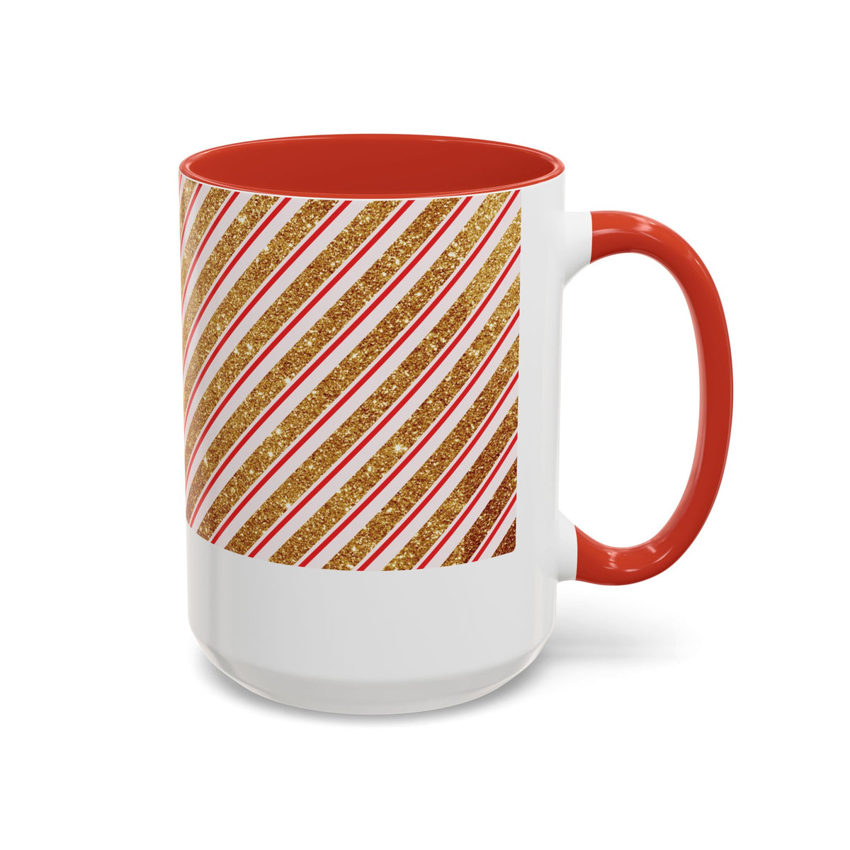 Red personalized Red and Gold Stripe Family mug, 15oz, side view with handle on the right