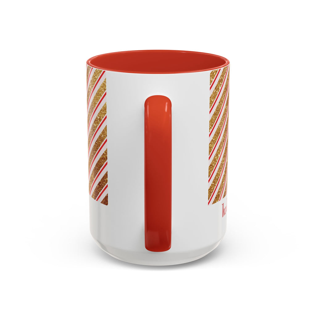 Red personalized Red and Gold Stripe Family mug, 15oz, handle view
