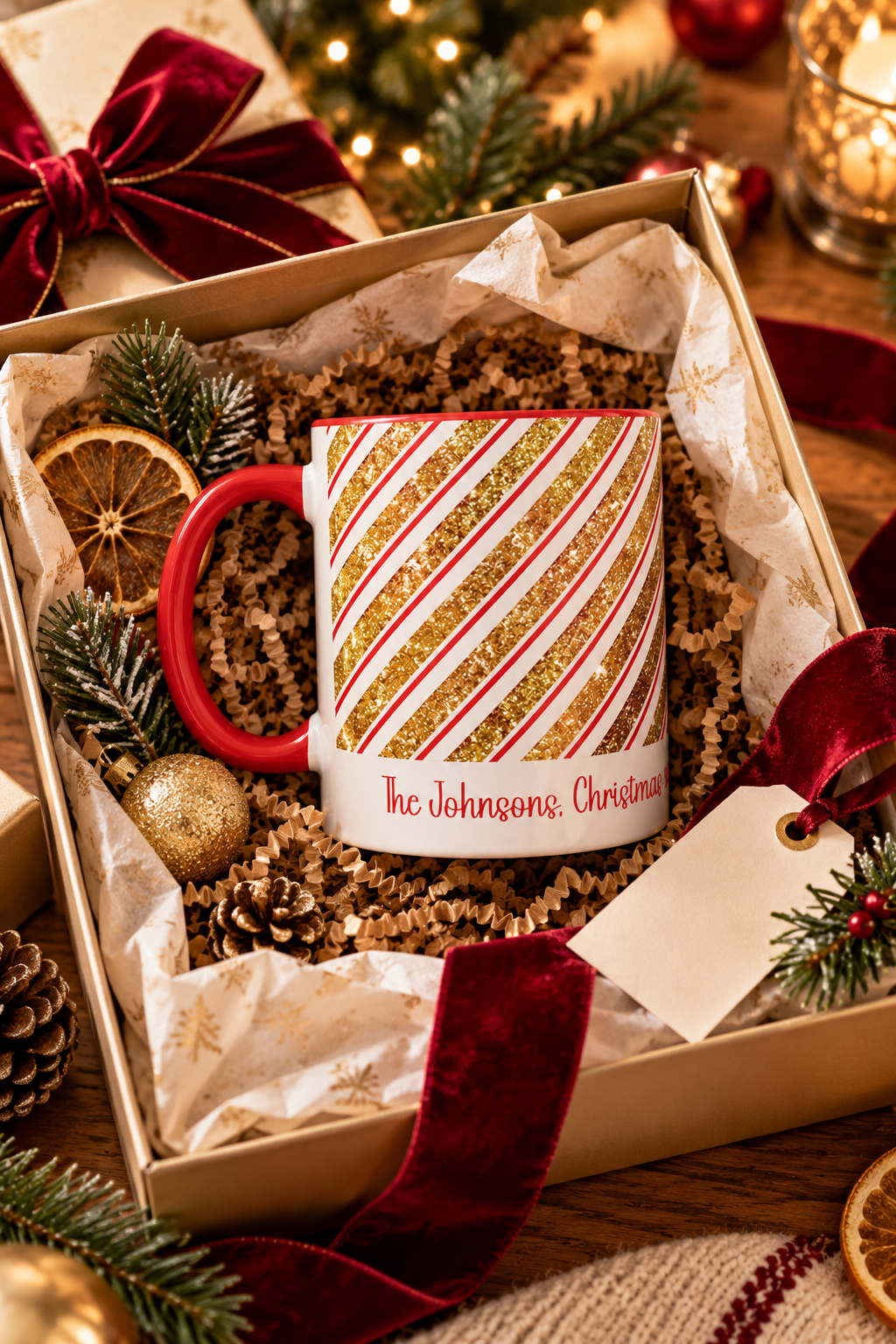 Red personalized Red and Gold Stripe Family mug in a Christmas gift box, lifestyle photo
