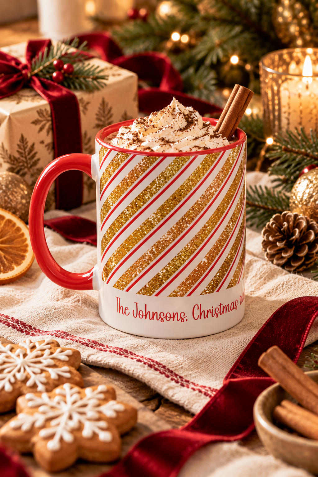 Red personalized Red and Gold Stripe Family mug with hot cocoa and Christmas treats, lifestyle photo