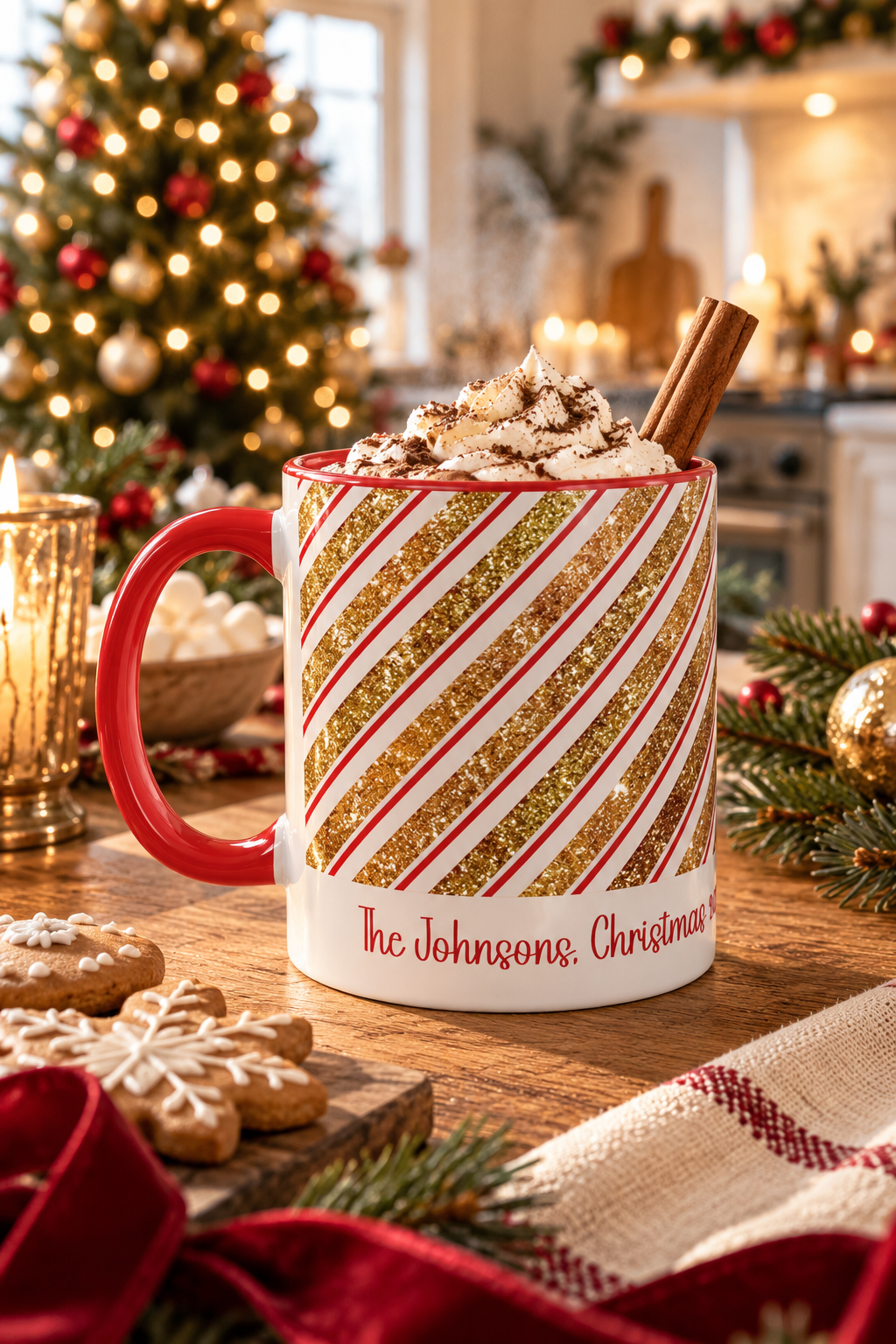 Red personalized Red and Gold Stripe Family mug with hot cocoa by the Christmas tree, lifestyle photo