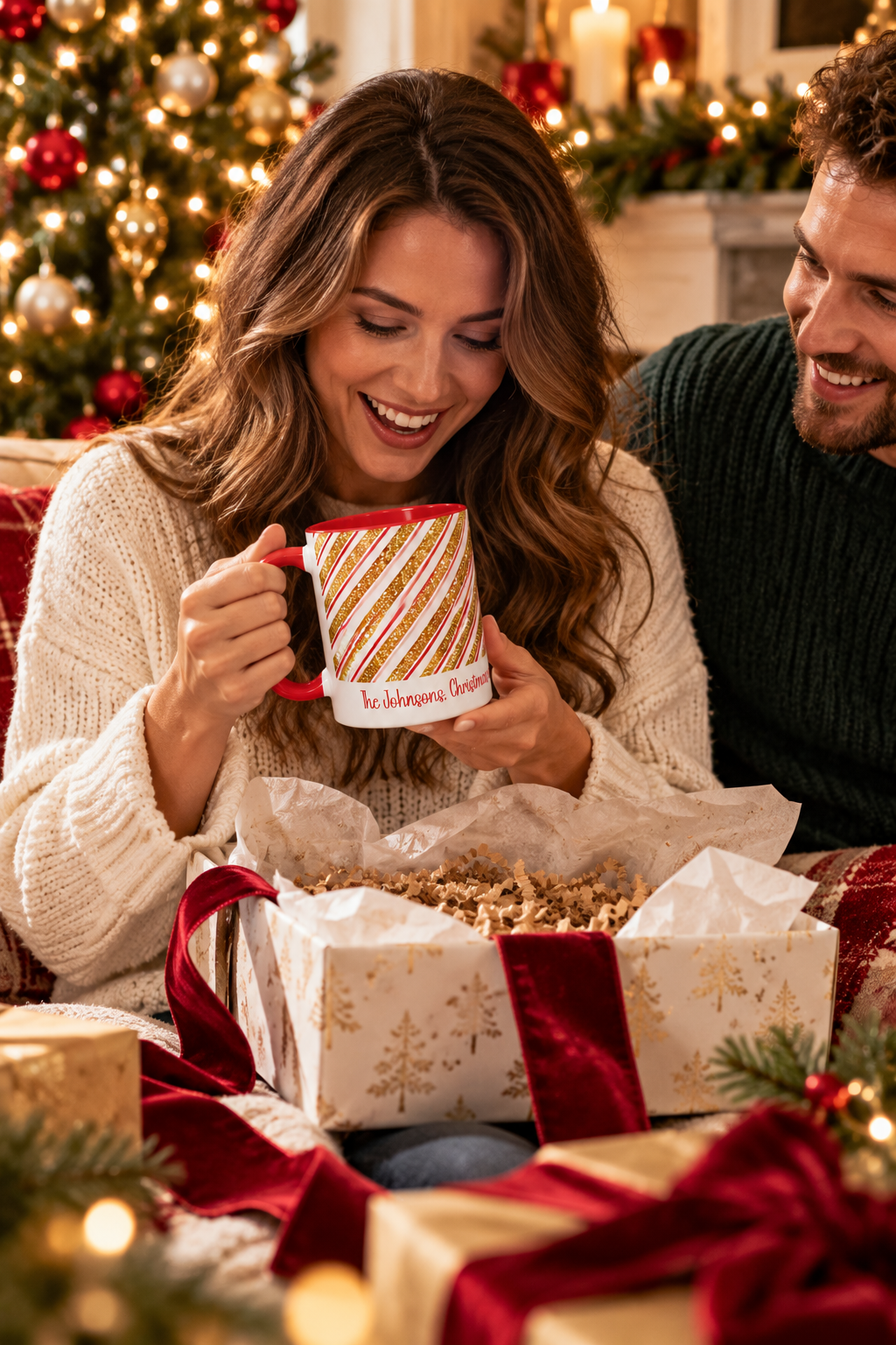 Red personalized Red and Gold Stripe Family mug being unwrapped as a Christmas gift, lifestyle photo