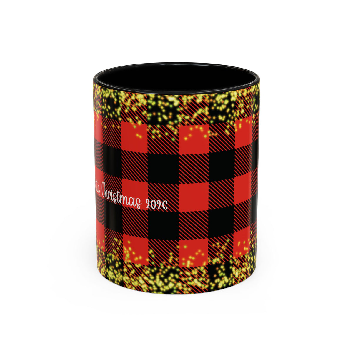 Black personalized Buffalo Plaid Couple mug, 11oz, front view