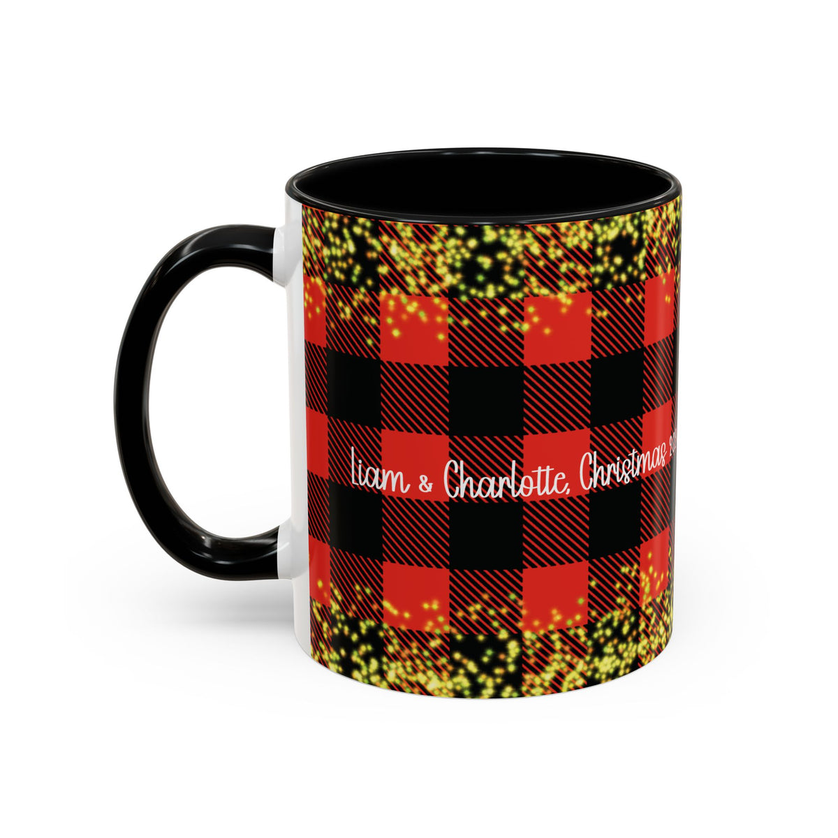 Black personalized Buffalo Plaid Couple mug, 11oz, side view with handle on the left