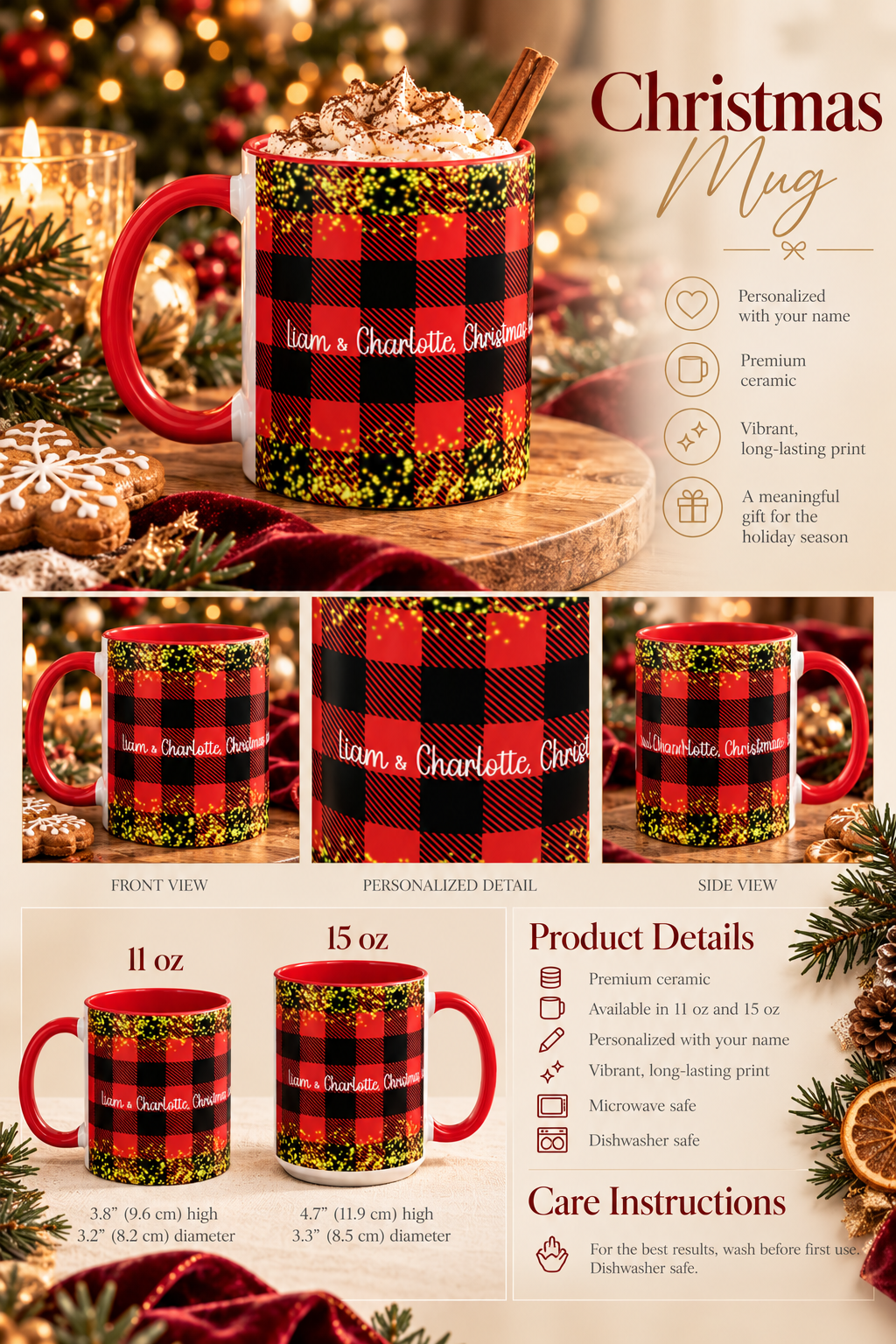 Personalized Buffalo Plaid Couple mug infographic with sizes, features and care instructions