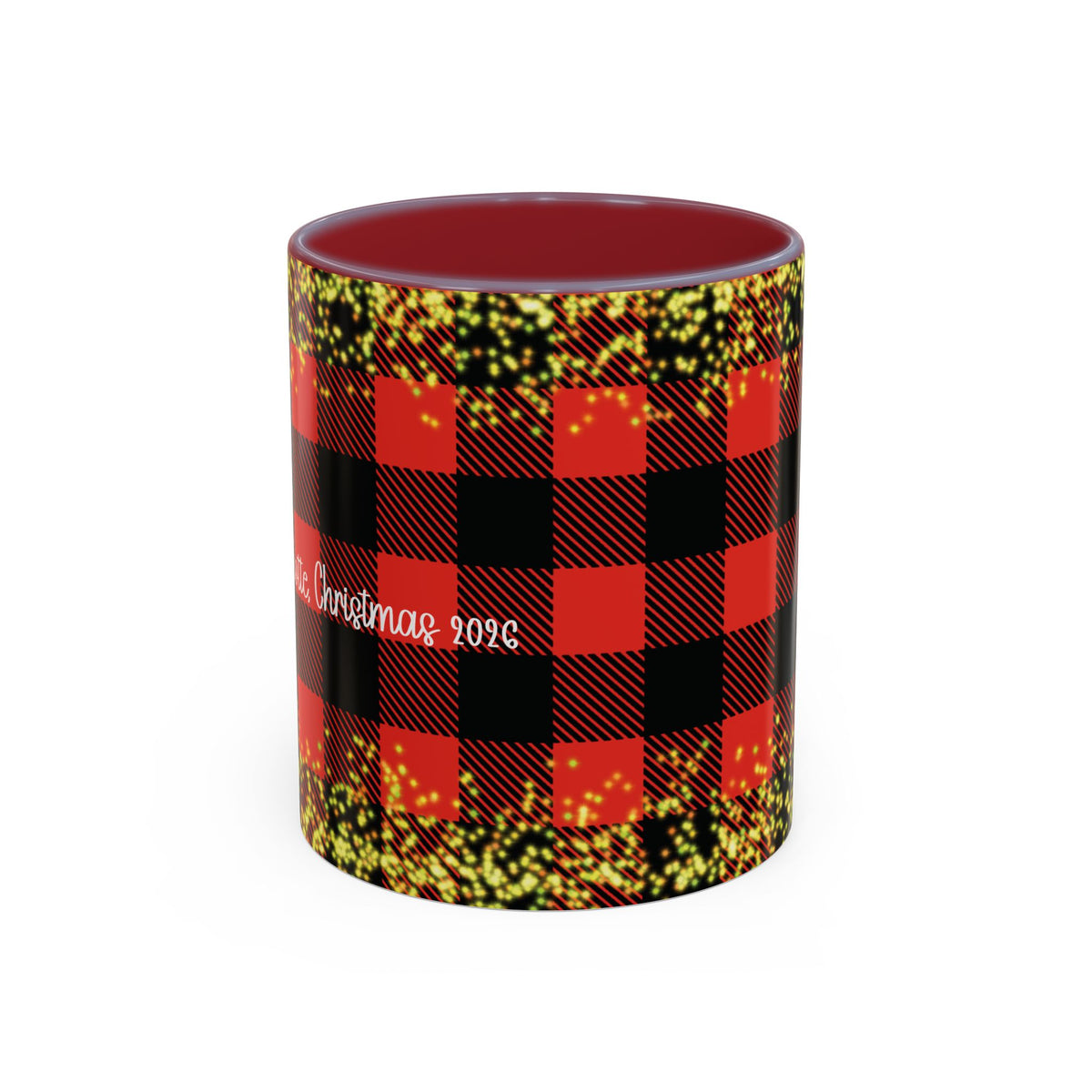 Maroon personalized Buffalo Plaid Couple mug, 11oz, front view