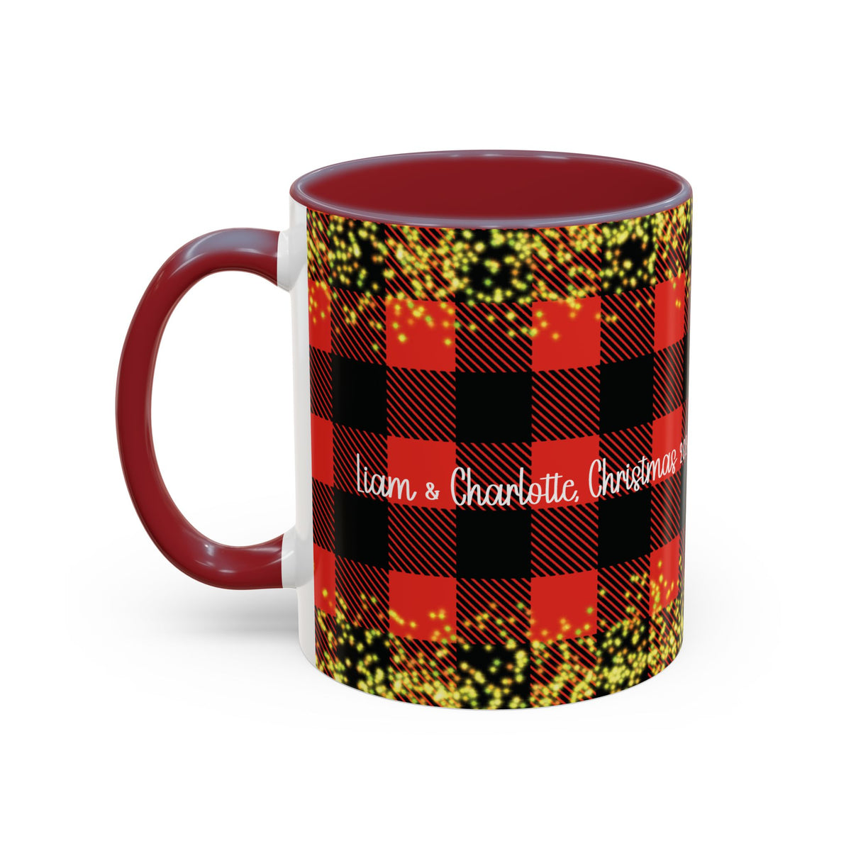 Maroon personalized Buffalo Plaid Couple mug, 11oz, side view with handle on the left
