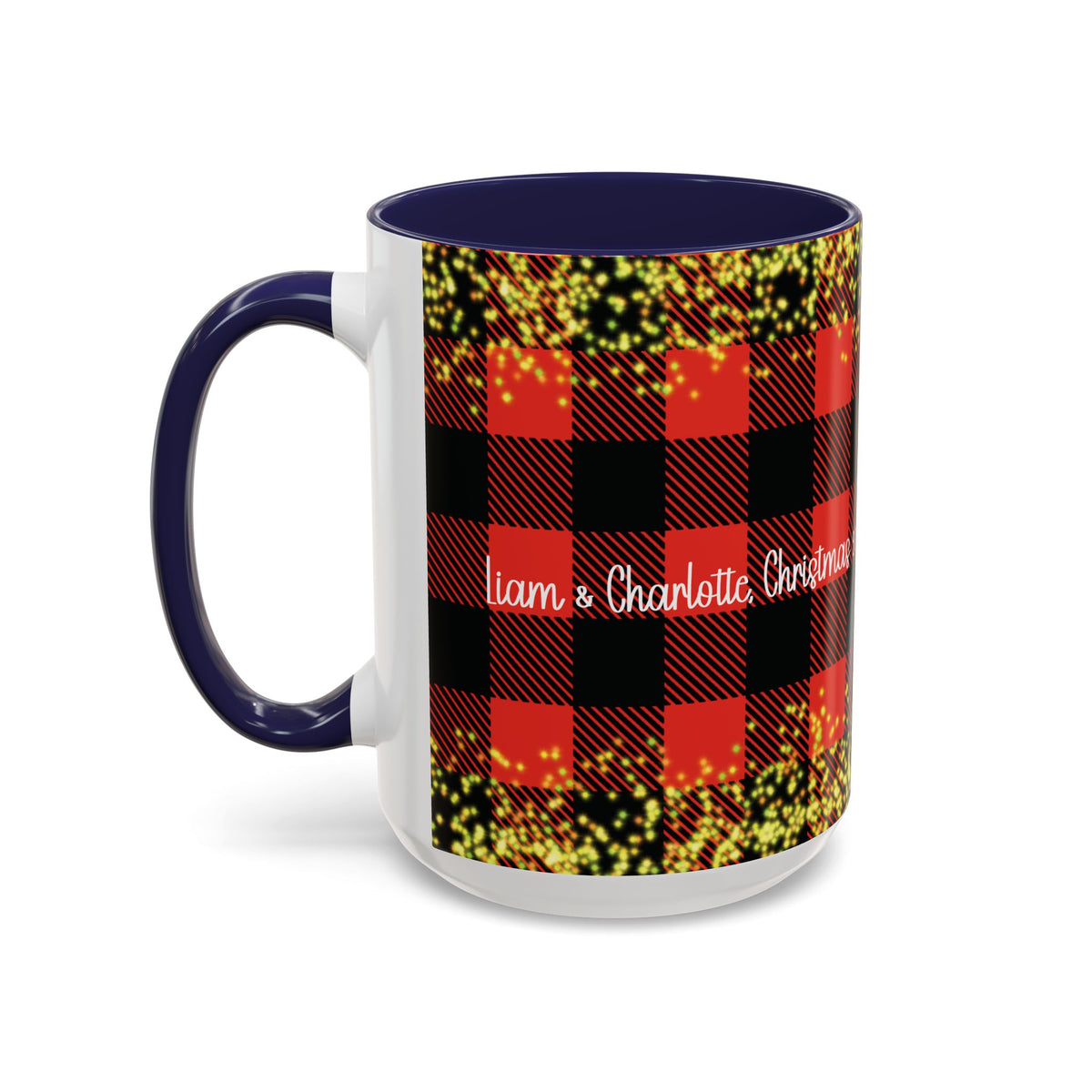 Navy personalized Buffalo Plaid Couple mug, 15oz, side view with handle on the left