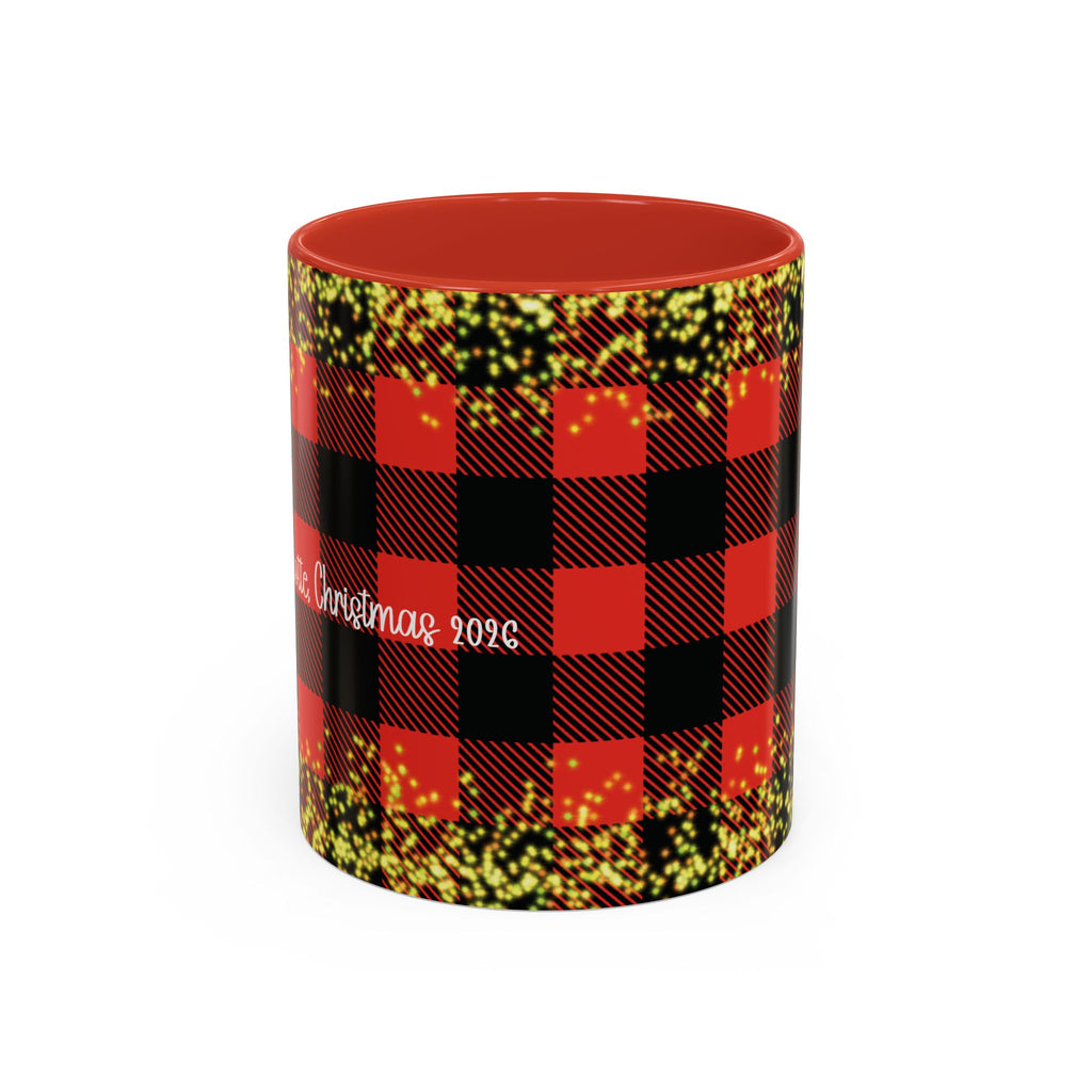 Red personalized Buffalo Plaid Couple mug, 11oz, front view