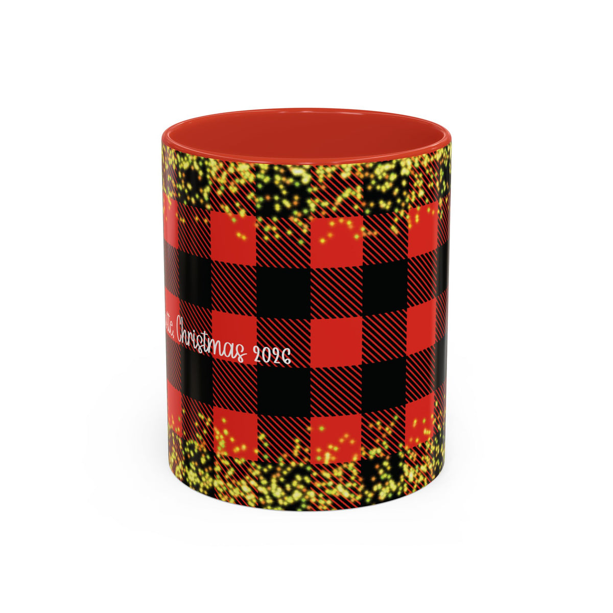 Red personalized Buffalo Plaid Couple mug, 11oz, front view