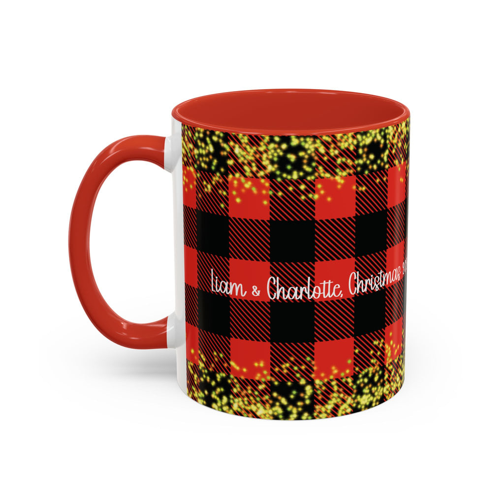 Red personalized Buffalo Plaid Couple mug, 11oz, side view with handle on the left