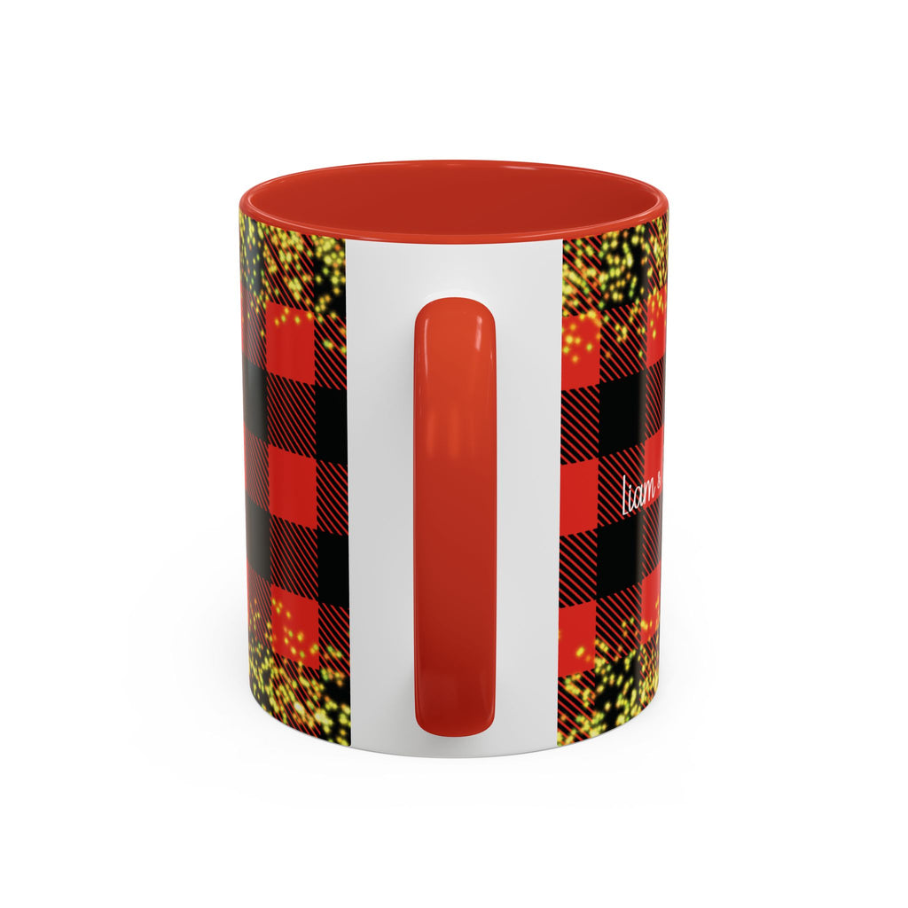 Red personalized Buffalo Plaid Couple mug, 11oz, handle view