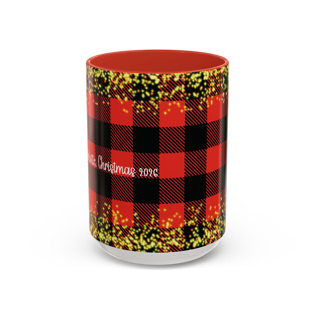 Red personalized Buffalo Plaid Couple mug, 15oz, front view