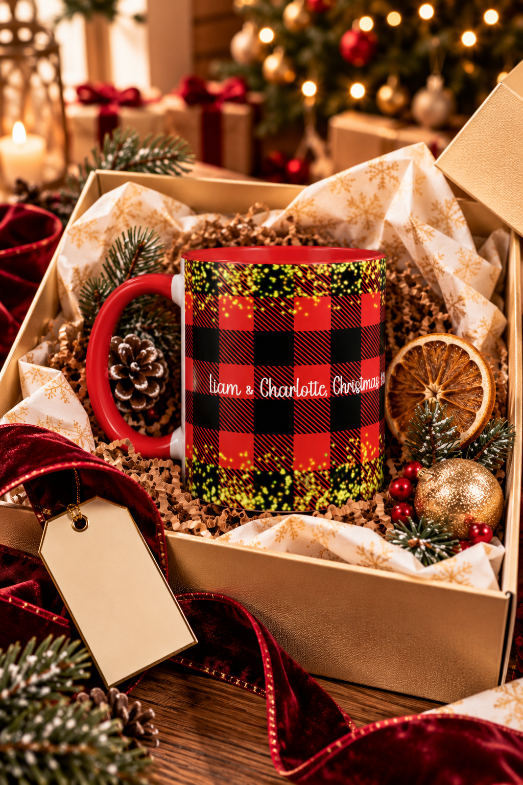 Red personalized Buffalo Plaid Couple mug in a Christmas gift box, lifestyle photo
