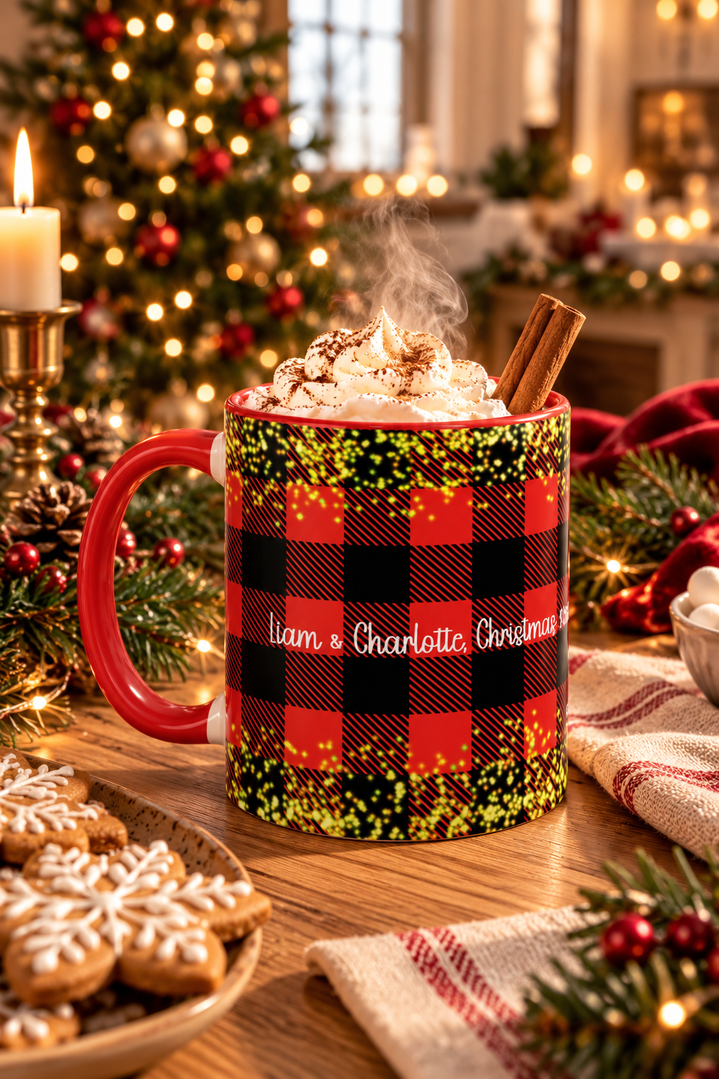 Red personalized Buffalo Plaid Couple mug with hot cocoa and Christmas treats, lifestyle photo