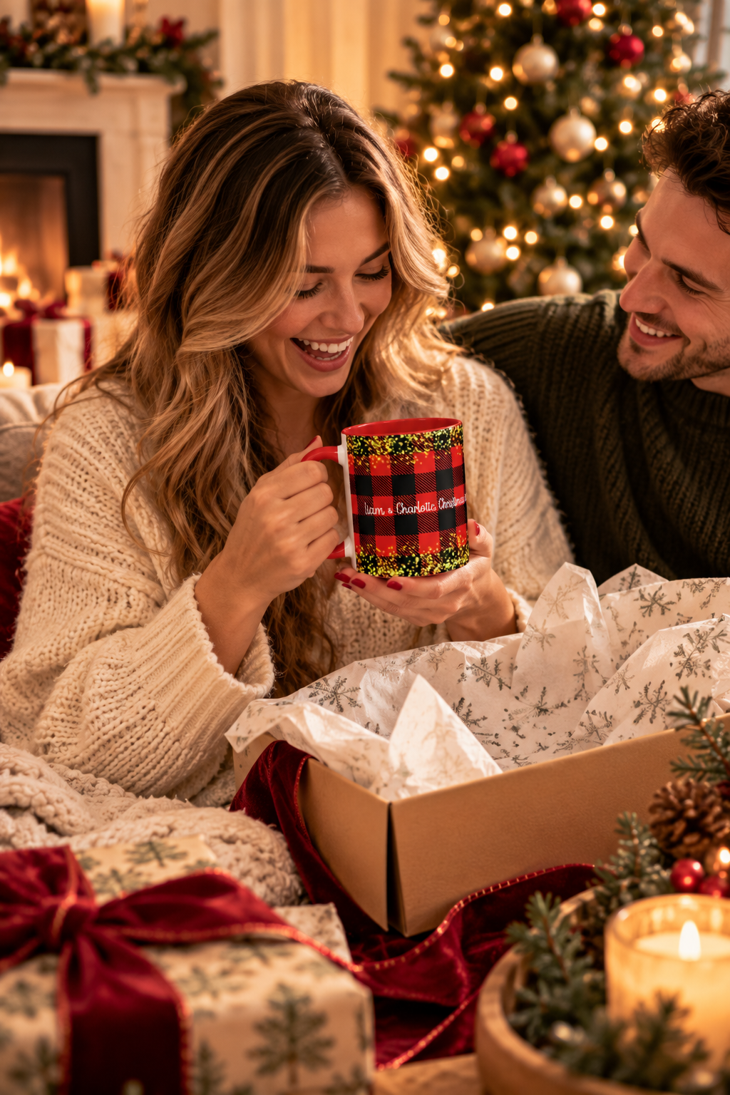 Red personalized Buffalo Plaid Couple mug being unwrapped as a Christmas gift, lifestyle photo