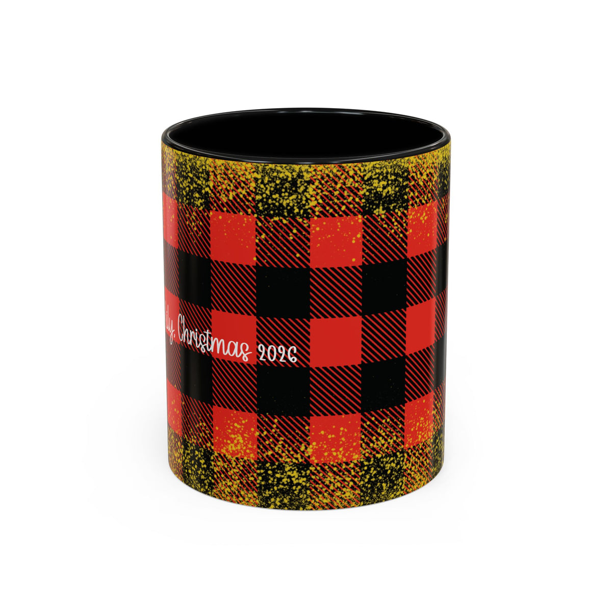 Black personalized Buffalo Plaid Family Names mug, 11oz, front view