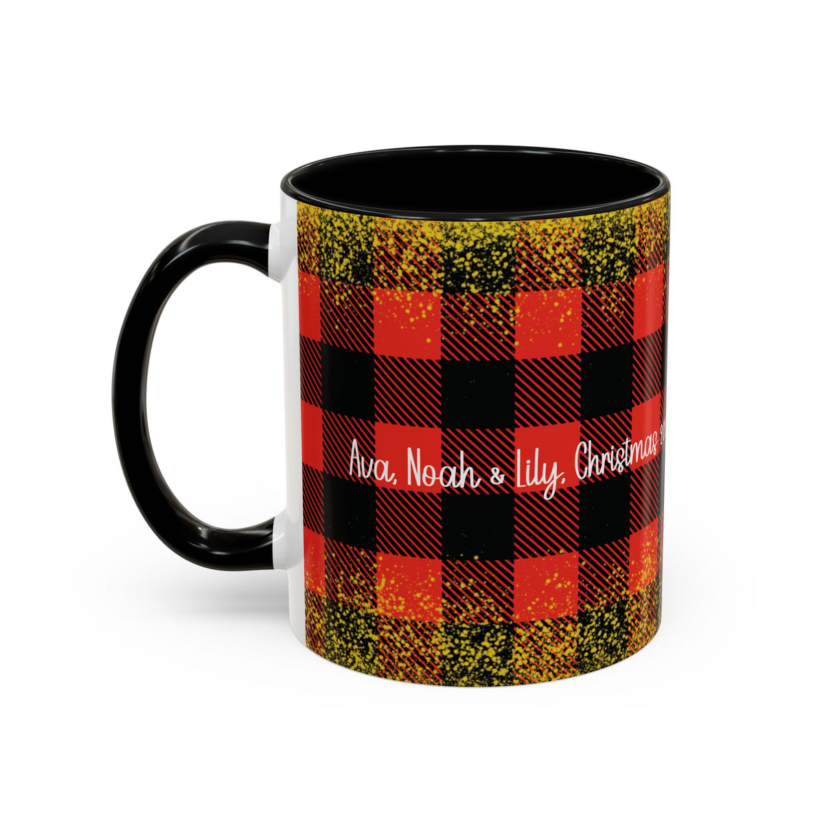 Black personalized Buffalo Plaid Family Names mug, 11oz, side view with handle on the left