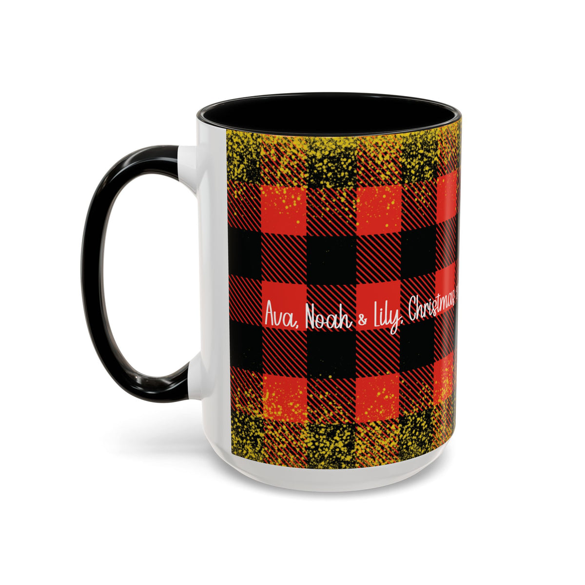 Black personalized Buffalo Plaid Family Names mug, 15oz, side view with handle on the left