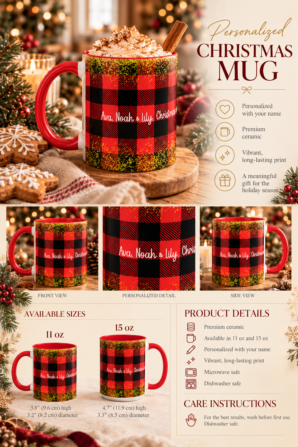 Personalized Buffalo Plaid Family Names mug infographic with sizes, features and care instructions