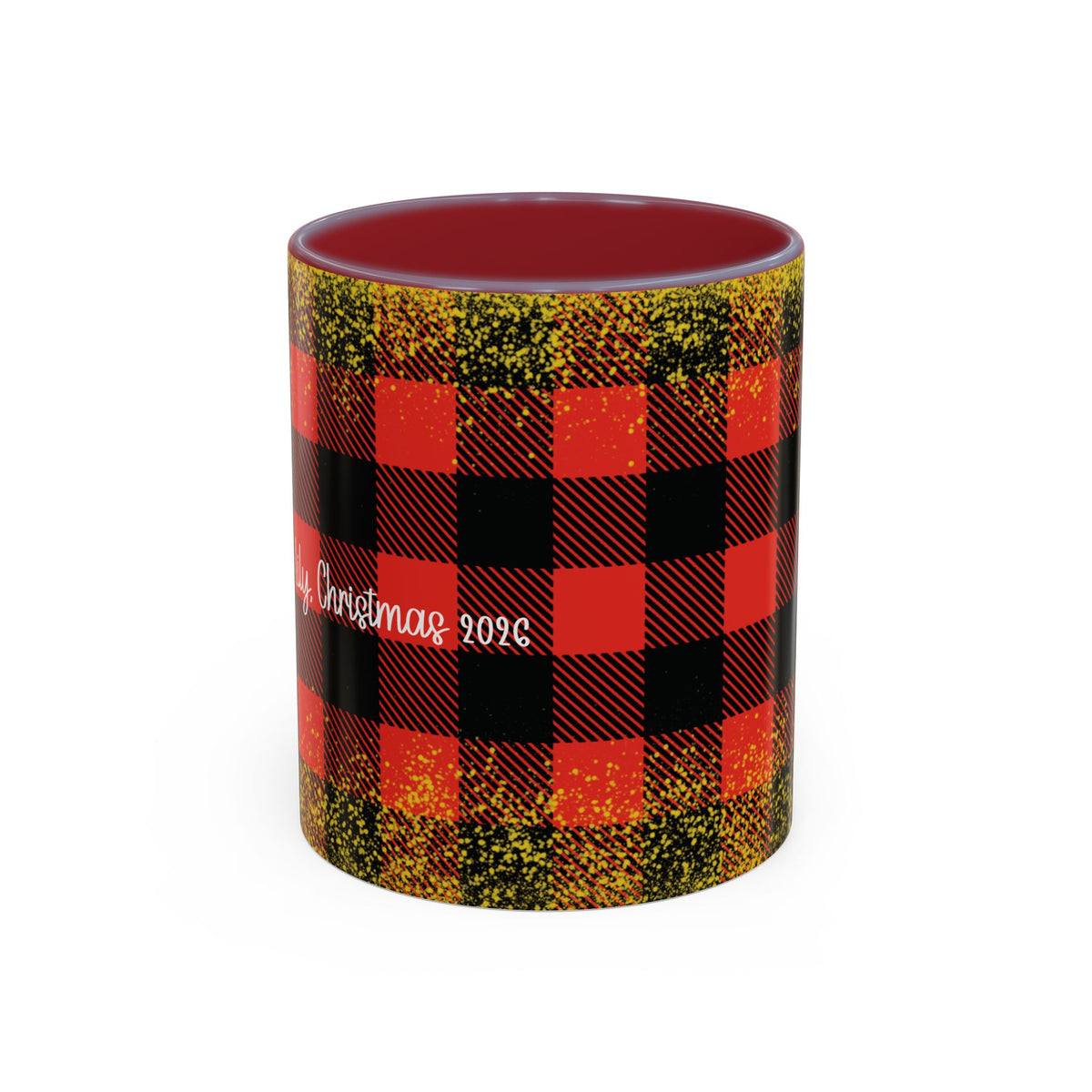 Maroon personalized Buffalo Plaid Family Names mug, 11oz, front view