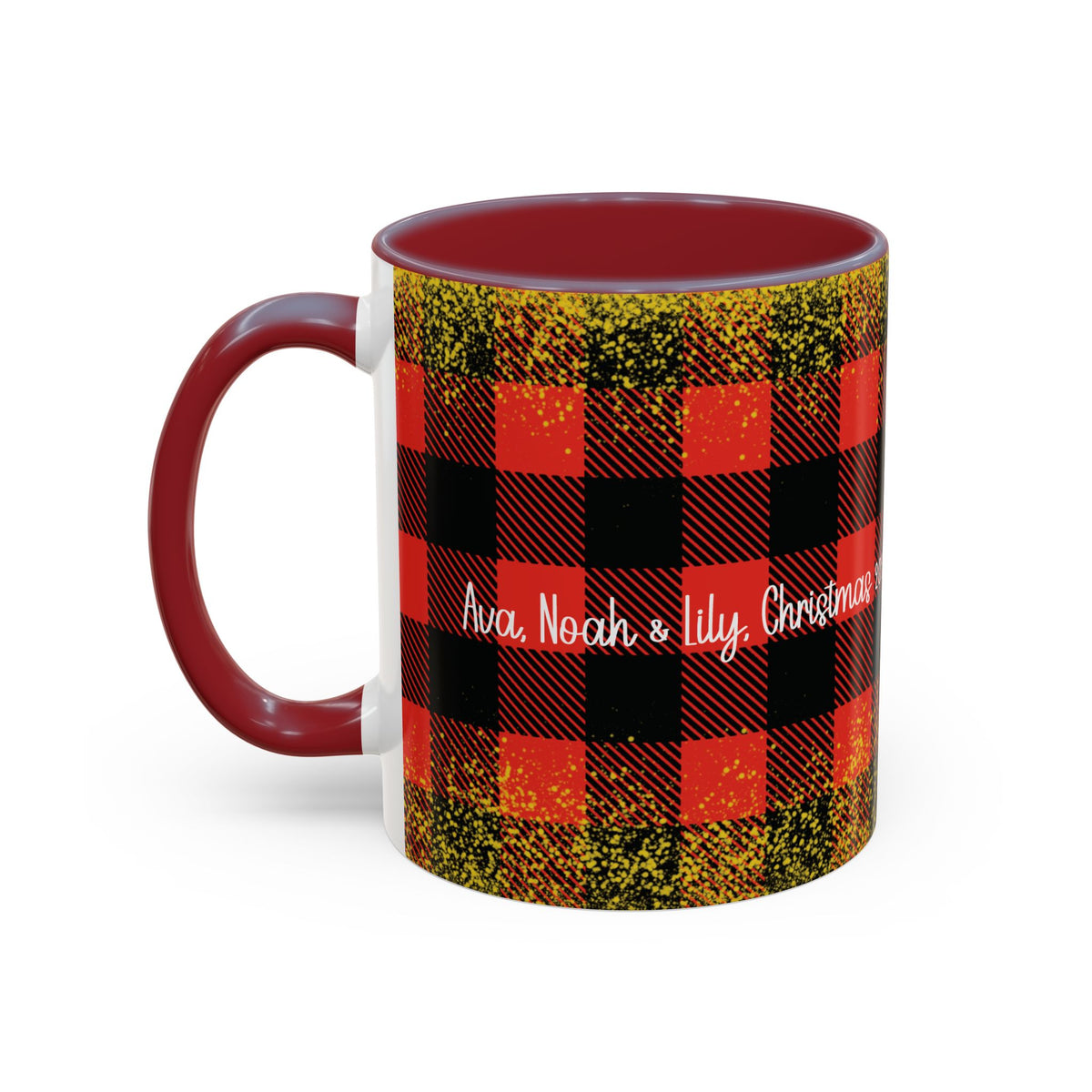 Maroon personalized Buffalo Plaid Family Names mug, 11oz, side view with handle on the left