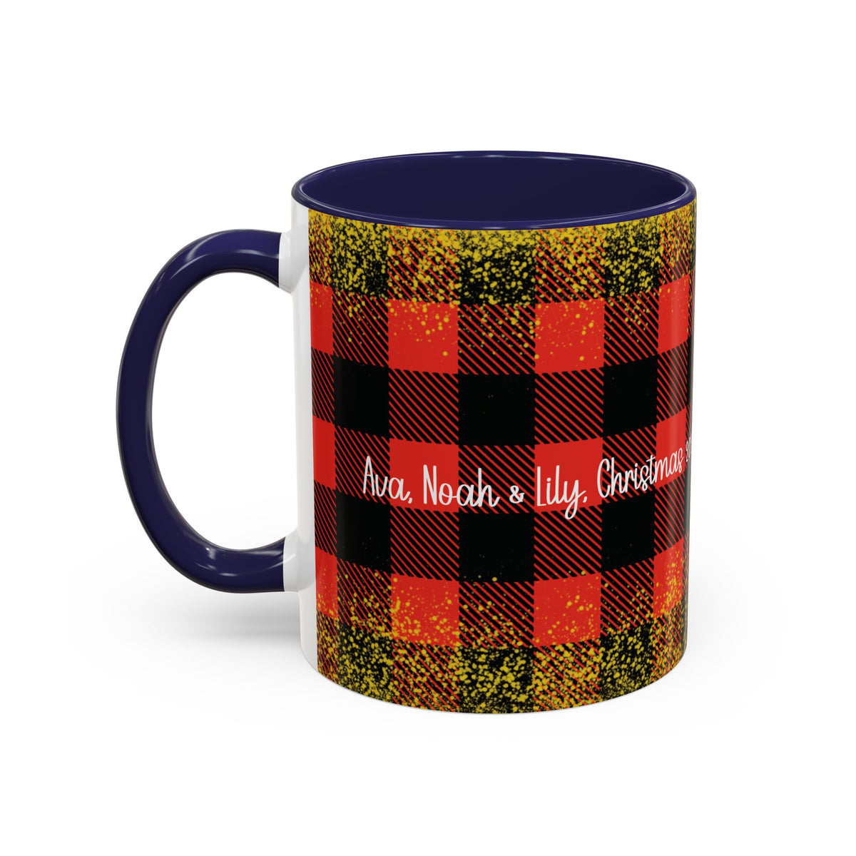 Navy personalized Buffalo Plaid Family Names mug, 11oz, side view with handle on the left
