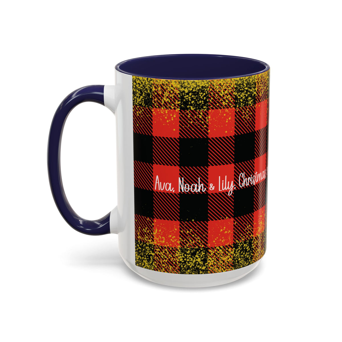 Navy personalized Buffalo Plaid Family Names mug, 15oz, side view with handle on the left