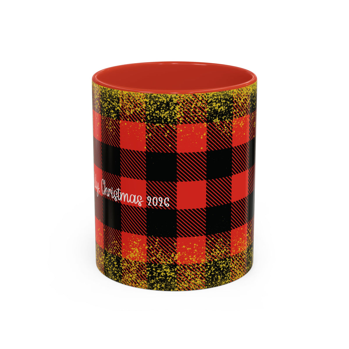 Red personalized Buffalo Plaid Family Names mug, 11oz, front view