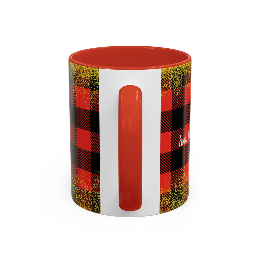 Red personalized Buffalo Plaid Family Names mug, 11oz, handle view