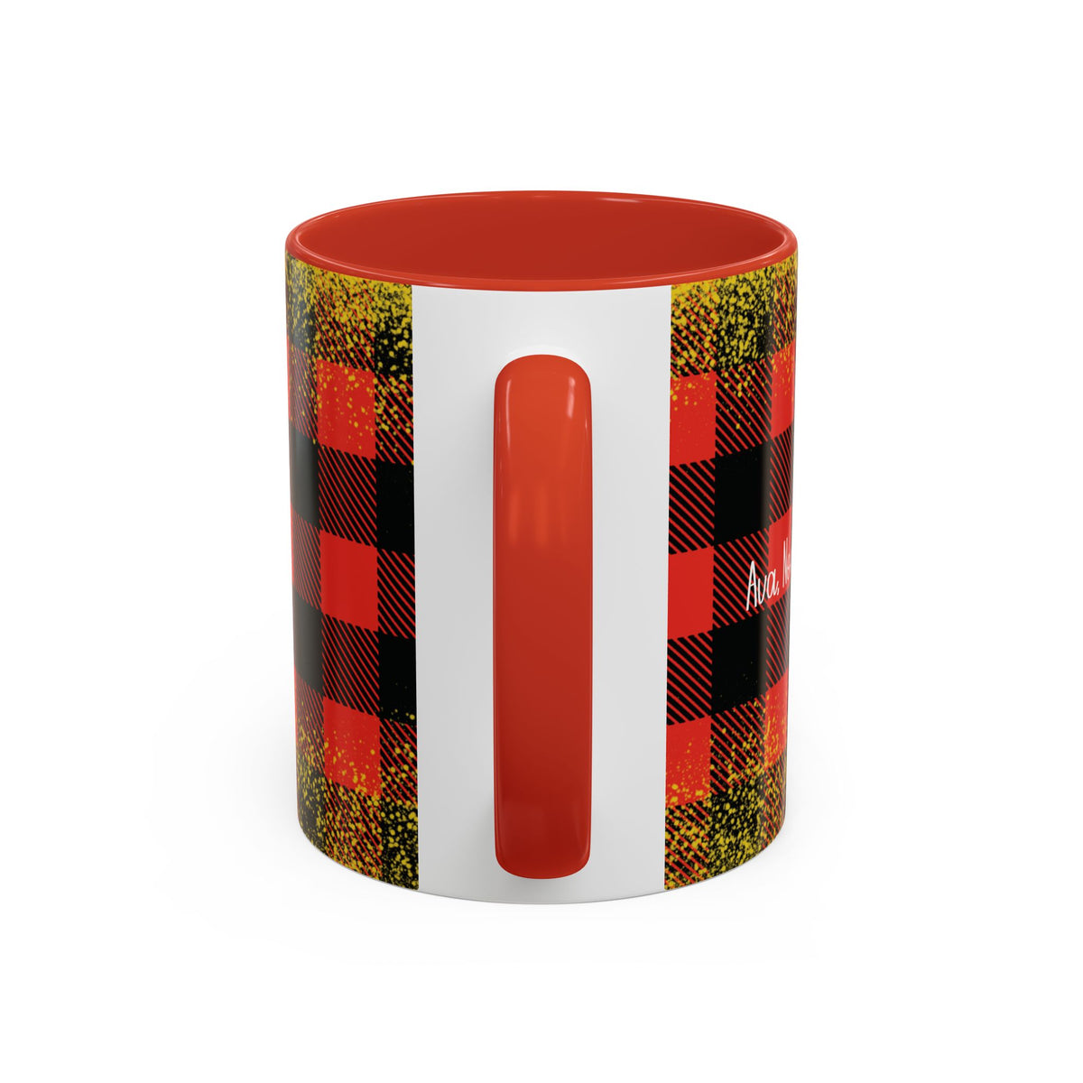 Red personalized Buffalo Plaid Family Names mug, 11oz, handle view