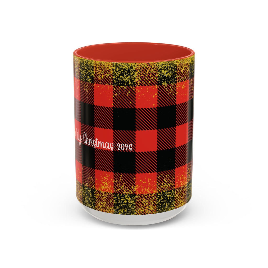 Red personalized Buffalo Plaid Family Names mug, 15oz, front view