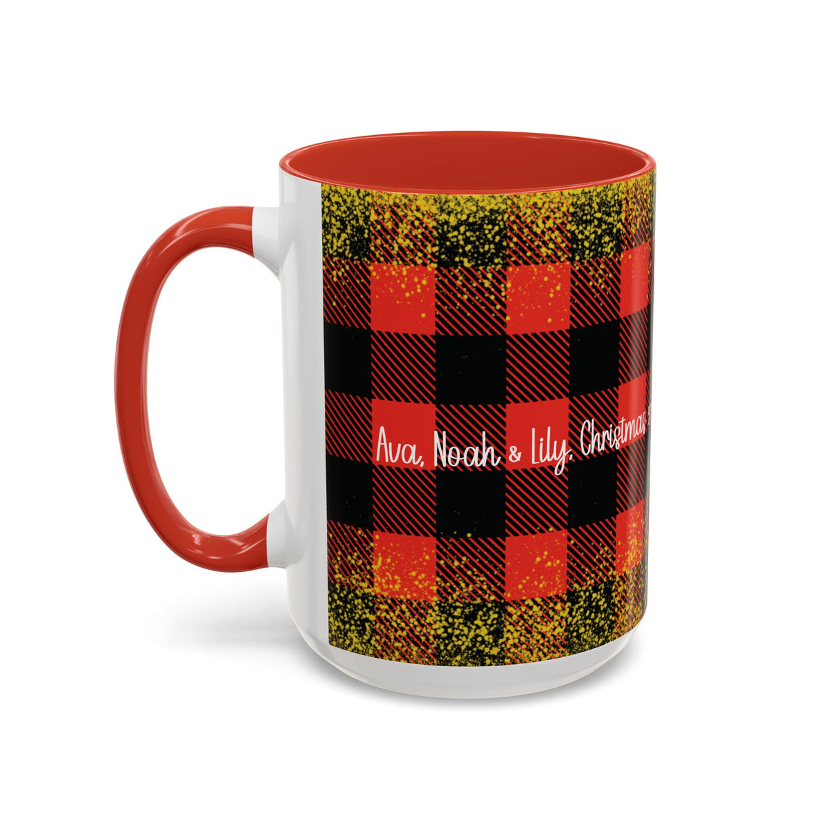 Red personalized Buffalo Plaid Family Names mug, 15oz, side view with handle on the left