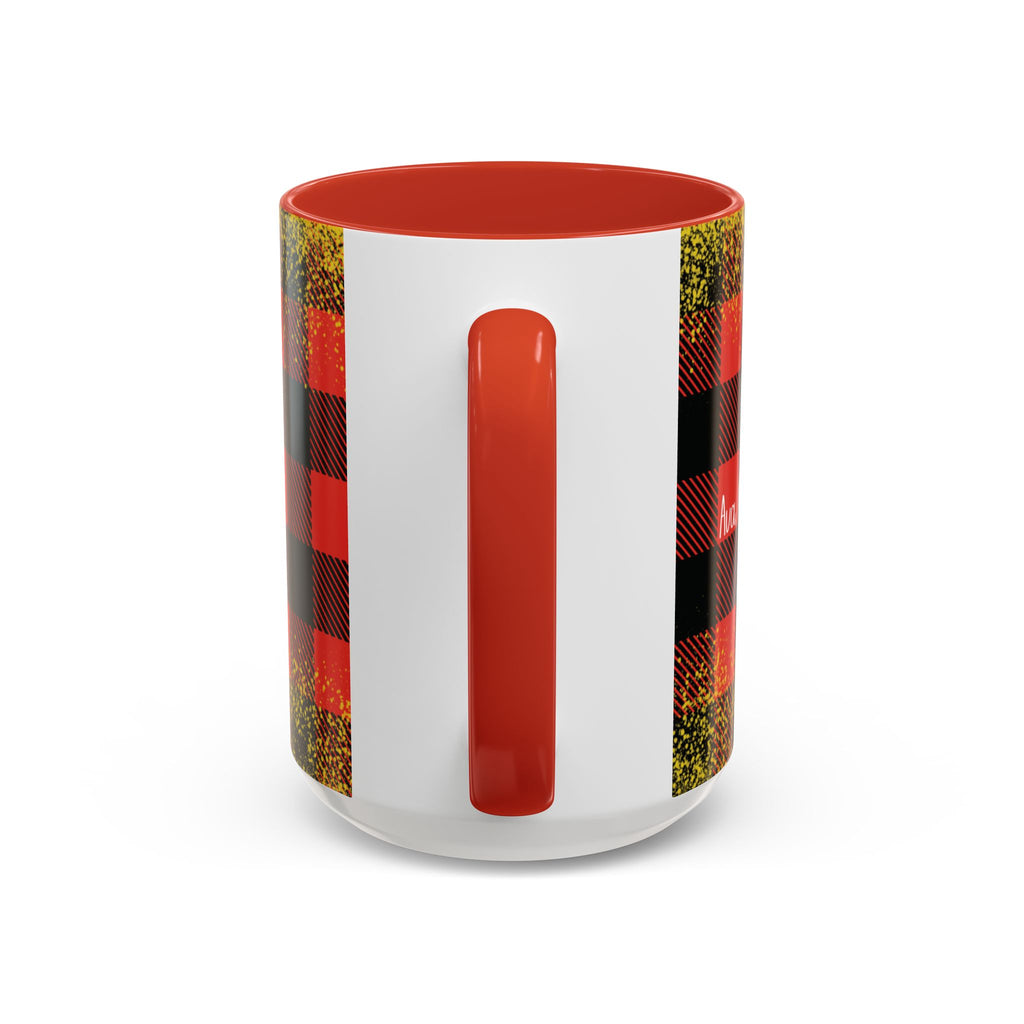 Red personalized Buffalo Plaid Family Names mug, 15oz, handle view
