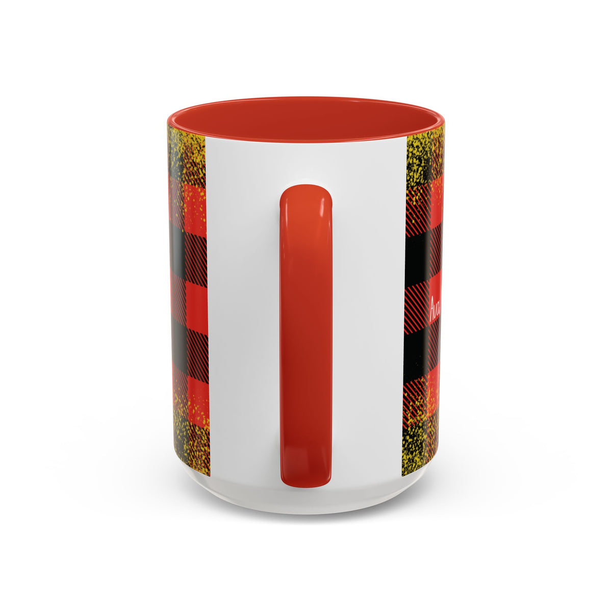 Red personalized Buffalo Plaid Family Names mug, 15oz, handle view