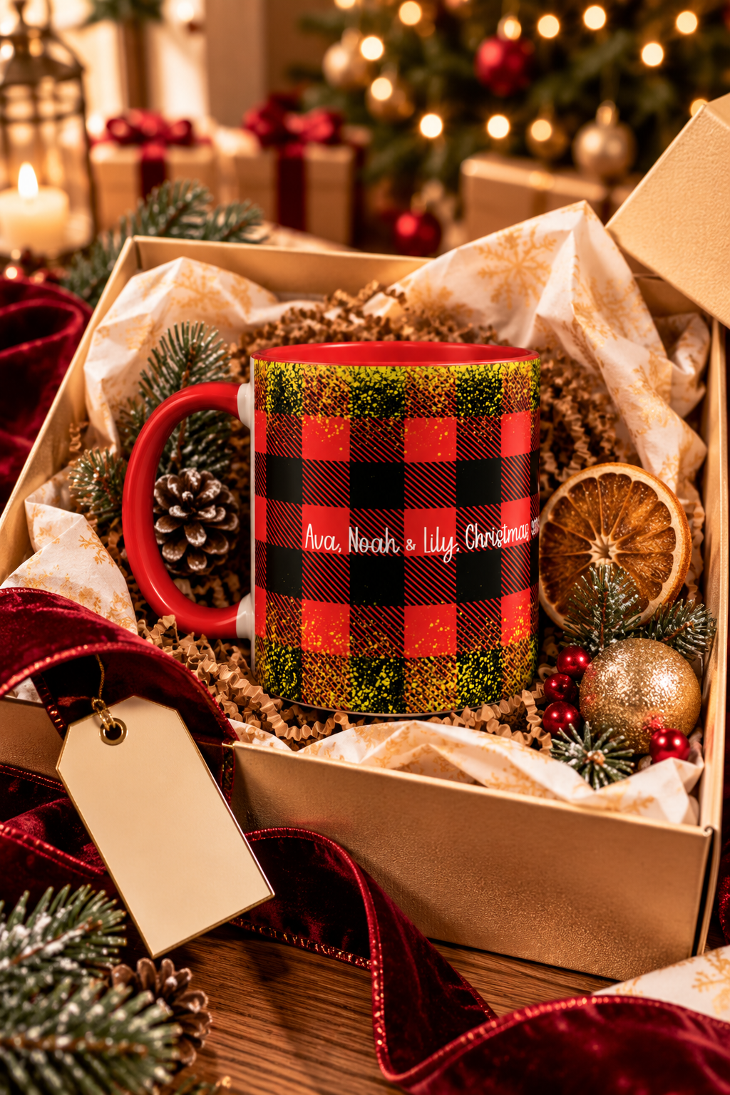 Red personalized Buffalo Plaid Family Names mug in a Christmas gift box, lifestyle photo