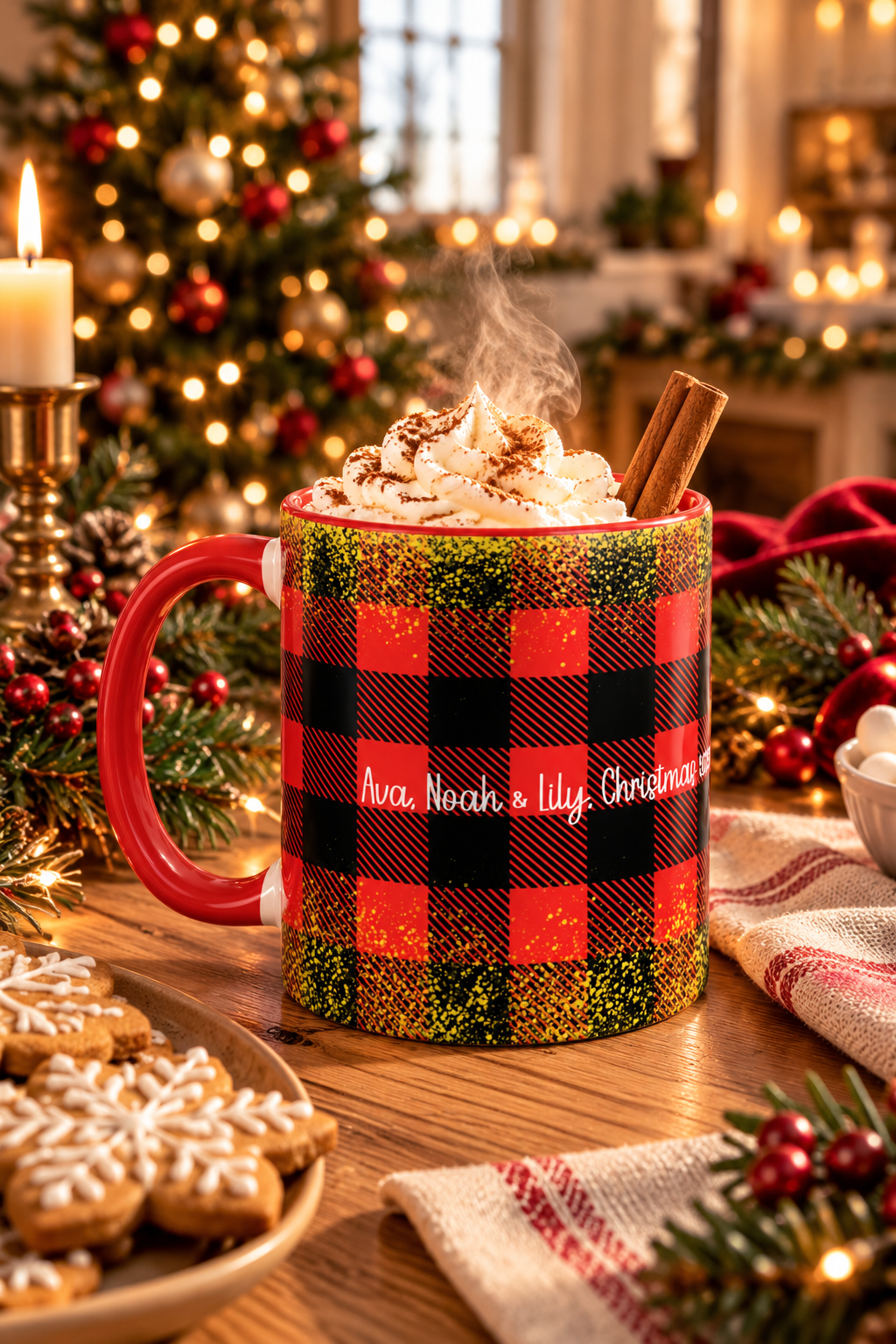 Red personalized Buffalo Plaid Family Names mug with hot cocoa and Christmas treats, lifestyle photo
