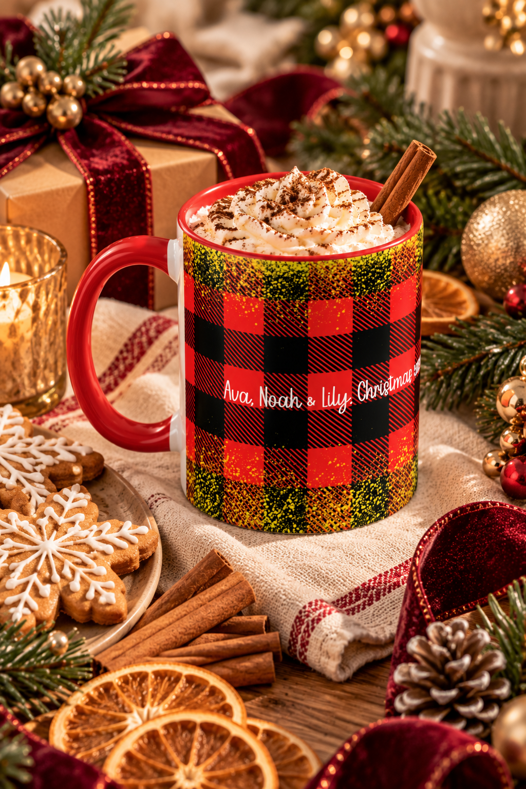 Red personalized Buffalo Plaid Family Names mug with hot cocoa by the Christmas tree, lifestyle photo