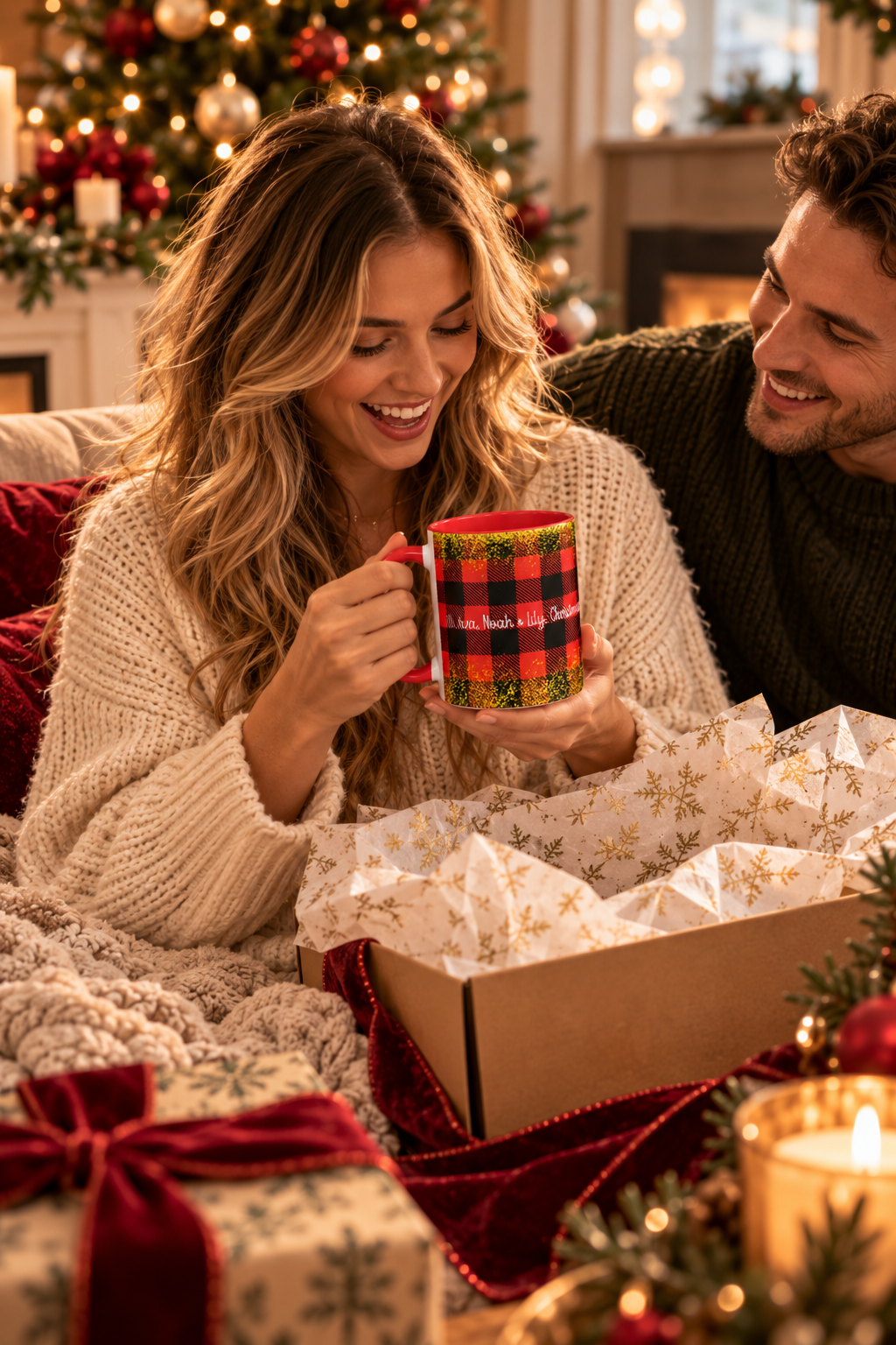 Red personalized Buffalo Plaid Family Names mug being unwrapped as a Christmas gift, lifestyle photo