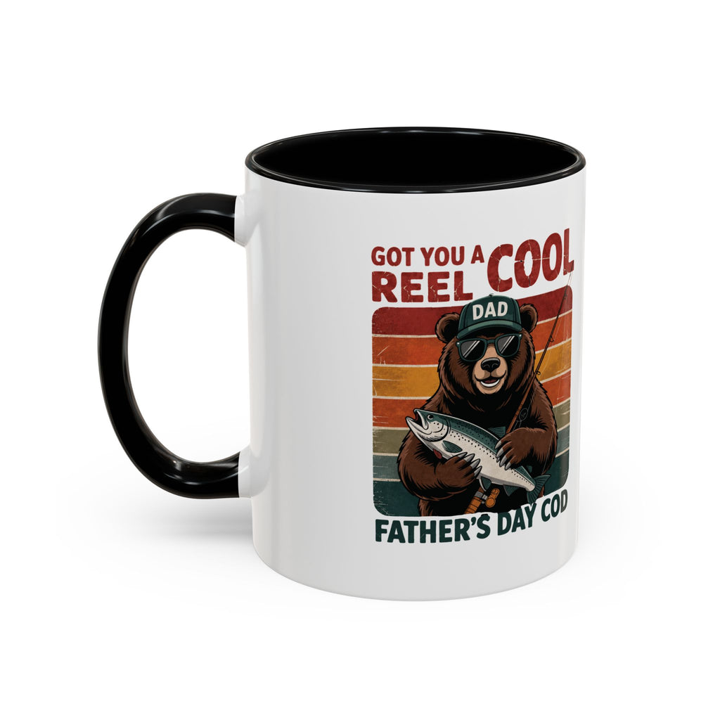 Reel Cool Dad fishing accent mug with a retro bear holding a salmon