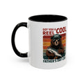 Reel Cool Dad fishing accent mug with a retro bear holding a salmon