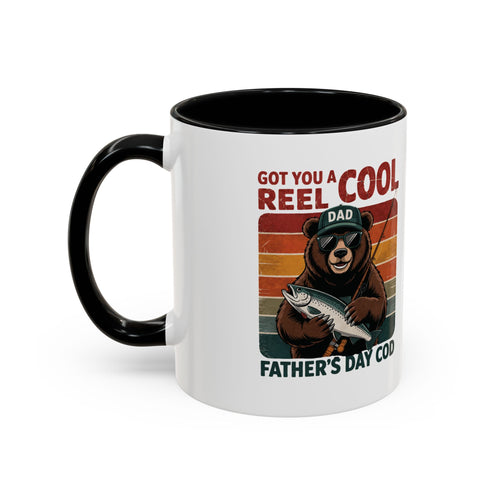 Reel Cool Dad fishing accent mug with a retro bear holding a salmon