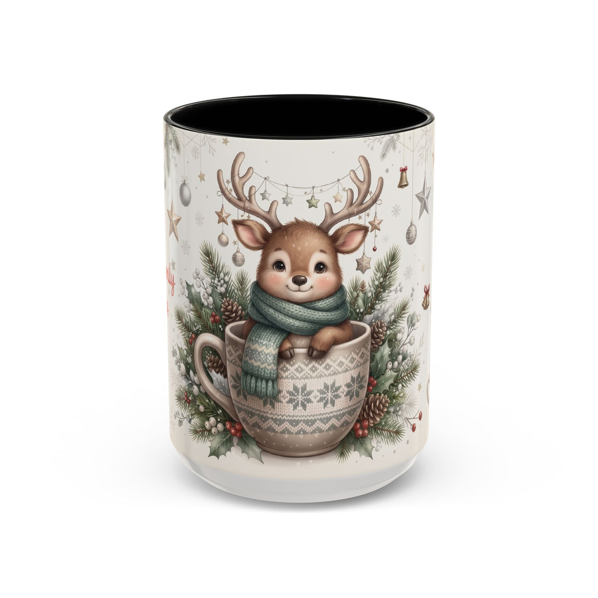Black personalized Reindeer Teacup mug, 15oz, front view