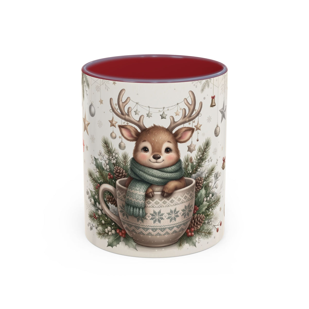 Maroon personalized Reindeer Teacup mug, 11oz, front view