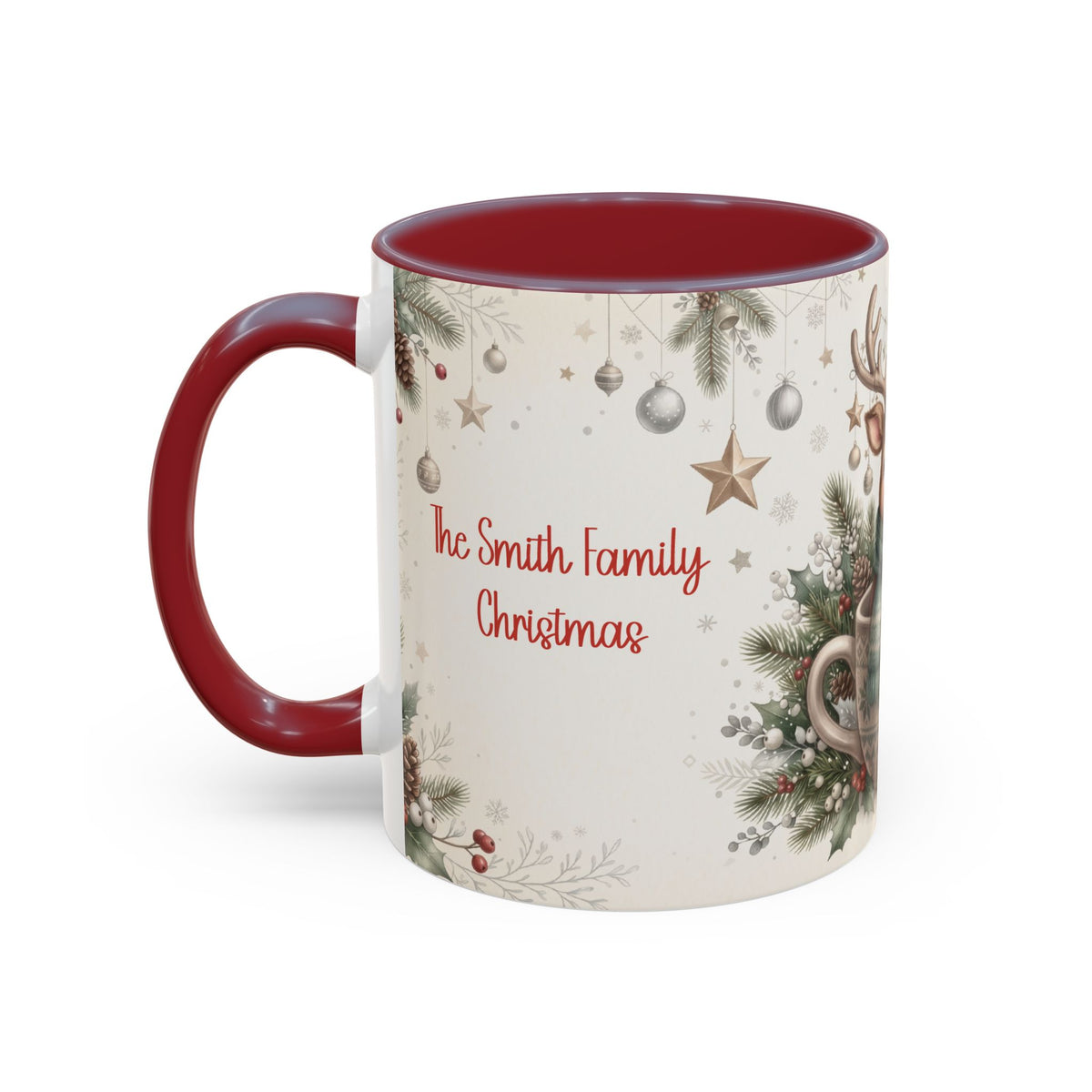 Maroon personalized Reindeer Teacup mug, 11oz, side view with handle on the left