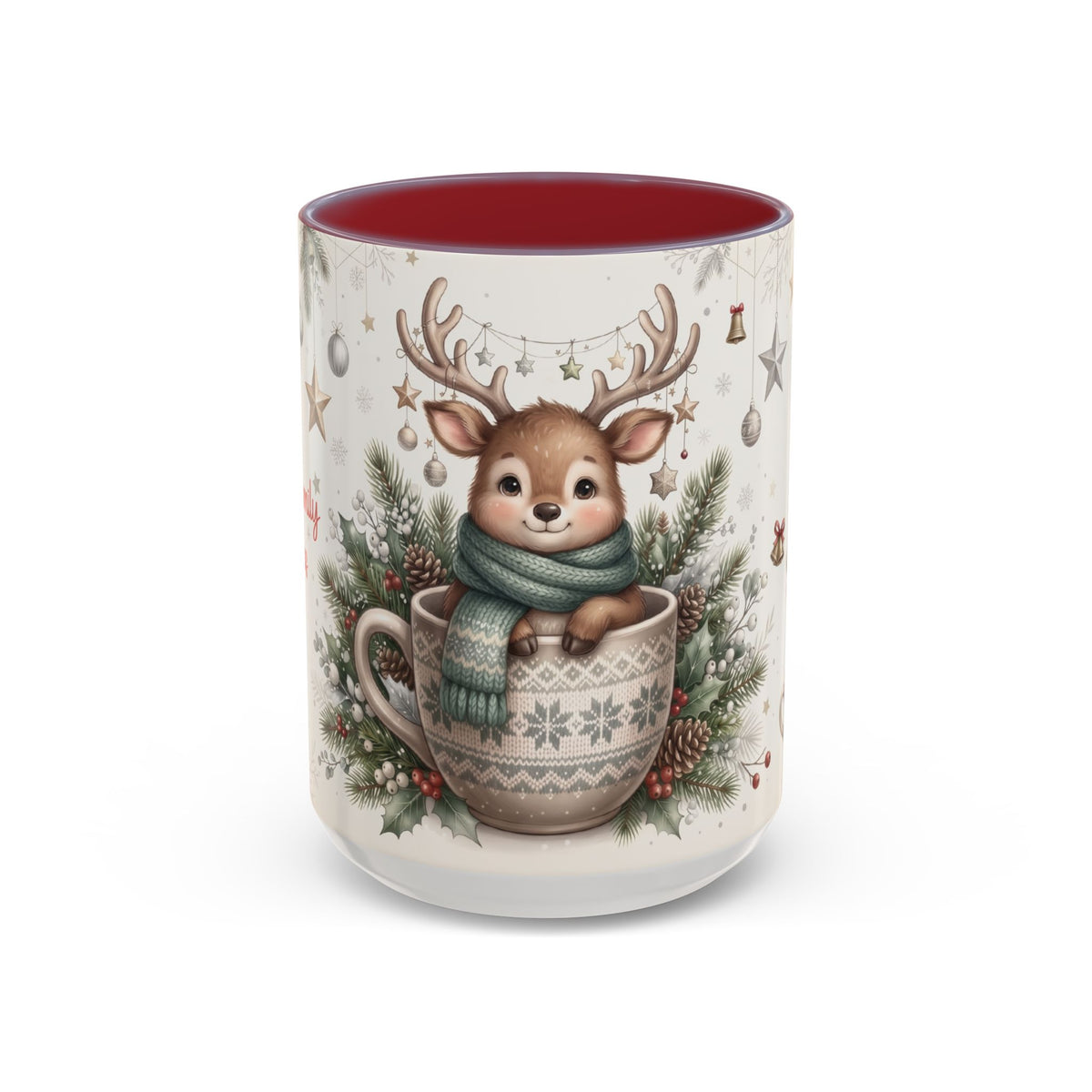 Maroon personalized Reindeer Teacup mug, 15oz, front view