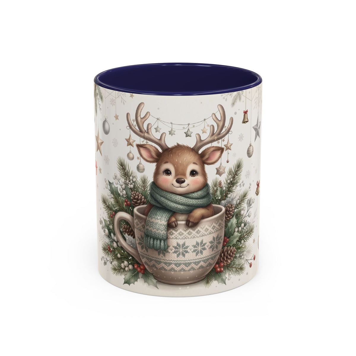 Navy personalized Reindeer Teacup mug, 11oz, front view