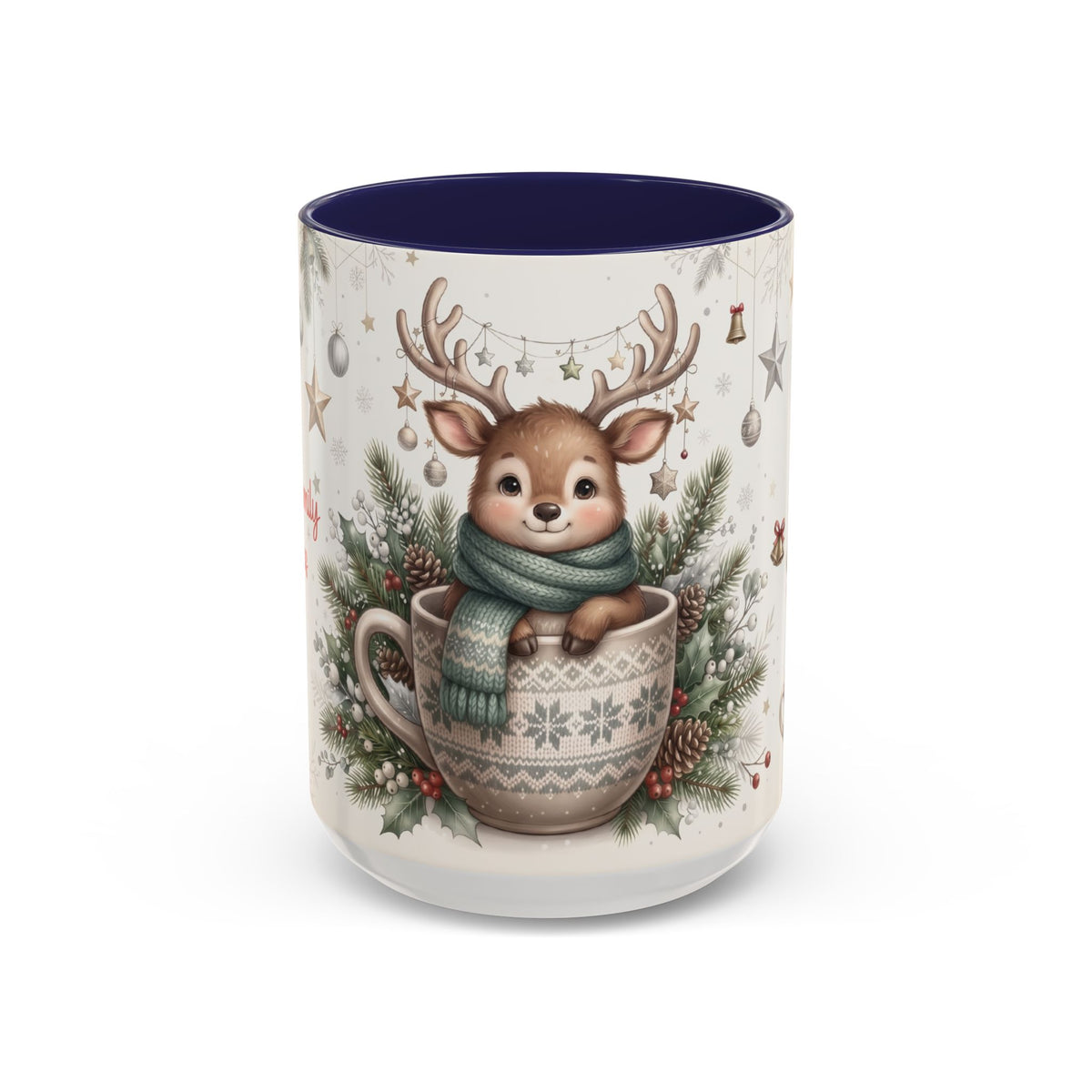 Navy personalized Reindeer Teacup mug, 15oz, front view