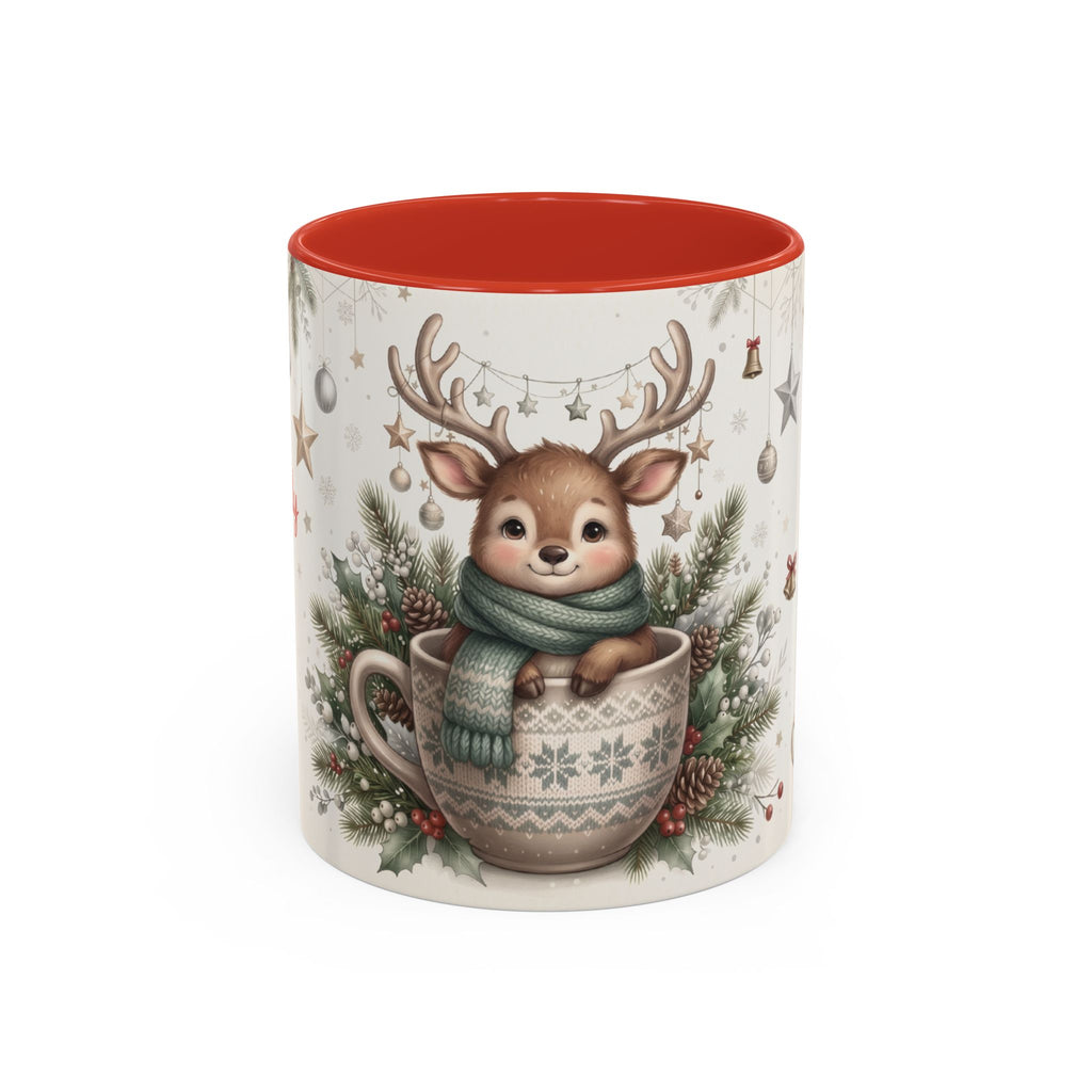 Red personalized Reindeer Teacup mug, 11oz, front view