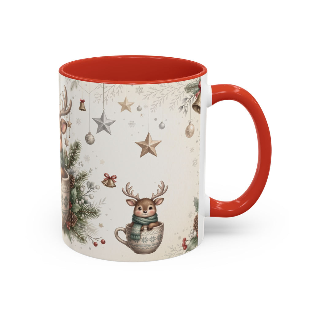 Red personalized Reindeer Teacup mug, 11oz, side view with handle on the right